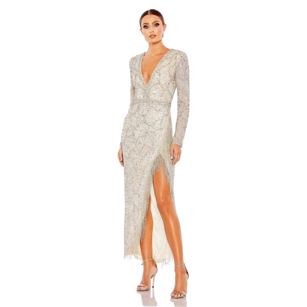Mac Duggal 5741 Fringe Plunging Neck Dress